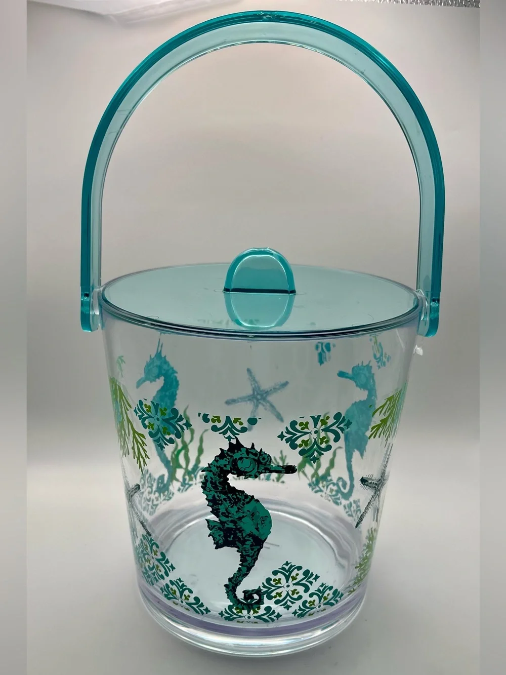 Vintage 80s Seahorse Acrylic Ice Bucket and Tumbler Set - Turquoise